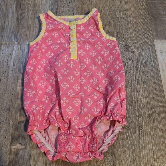 Carters 3 month pink white and yellow partial button down onesie with ruffles - Picture 2 of 5